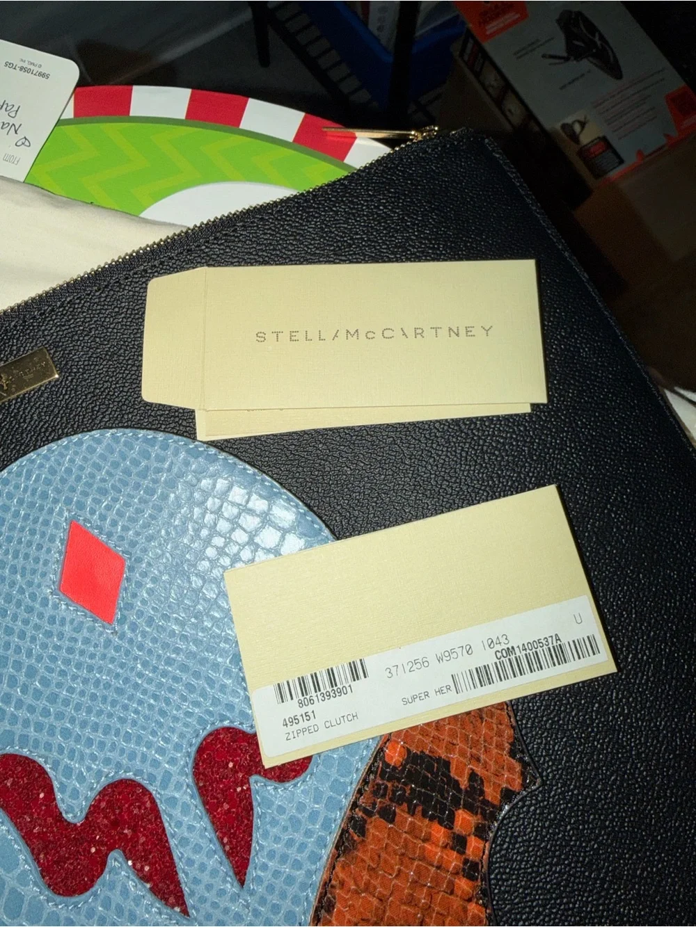 Stella McCartney Black Zip Pouch with Blue, Red and Brown Appliqué